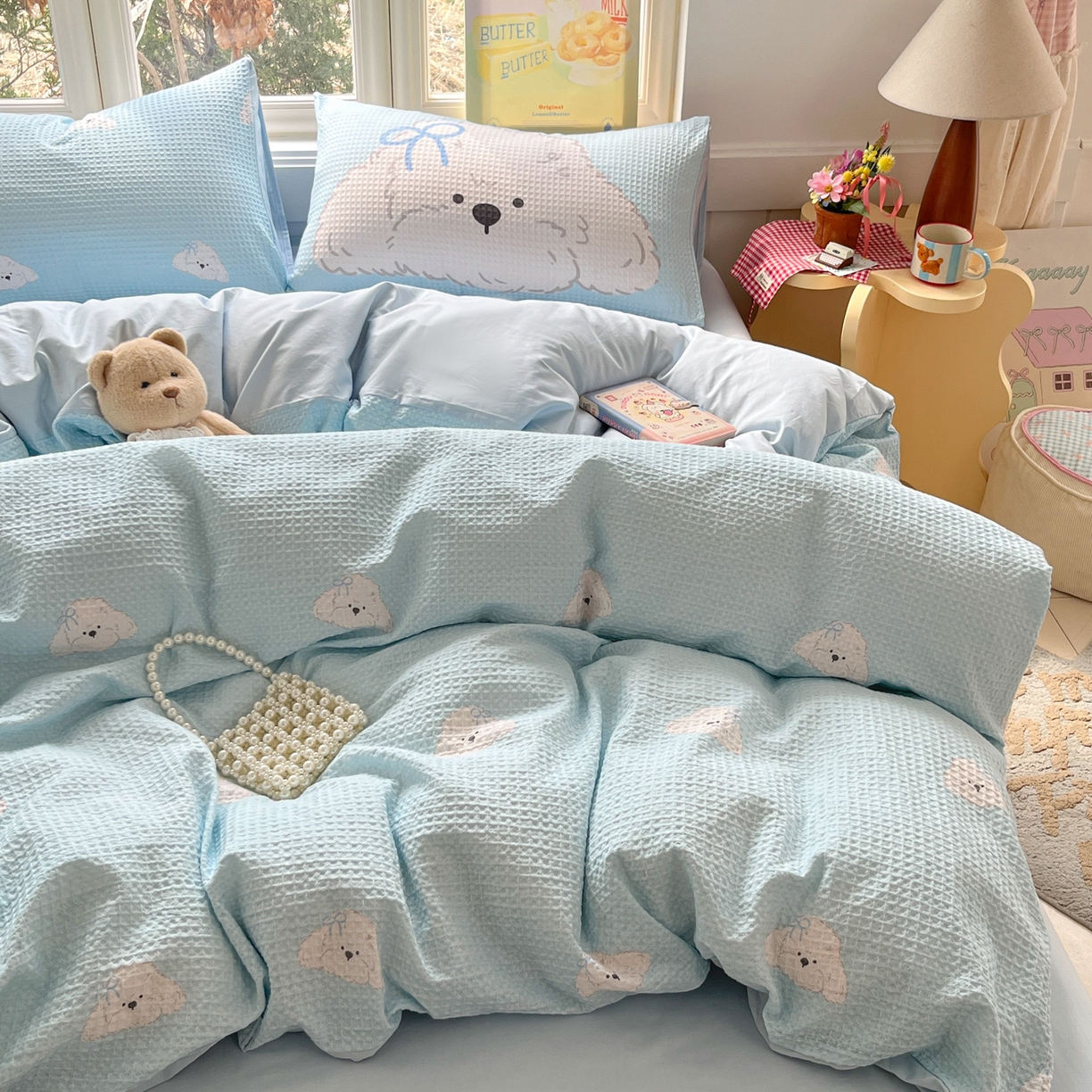 91家纺网 家纺一手货源 找家纺 如一 2026新款全棉纯棉华夫格大版数码印花四件套 帕恰狗