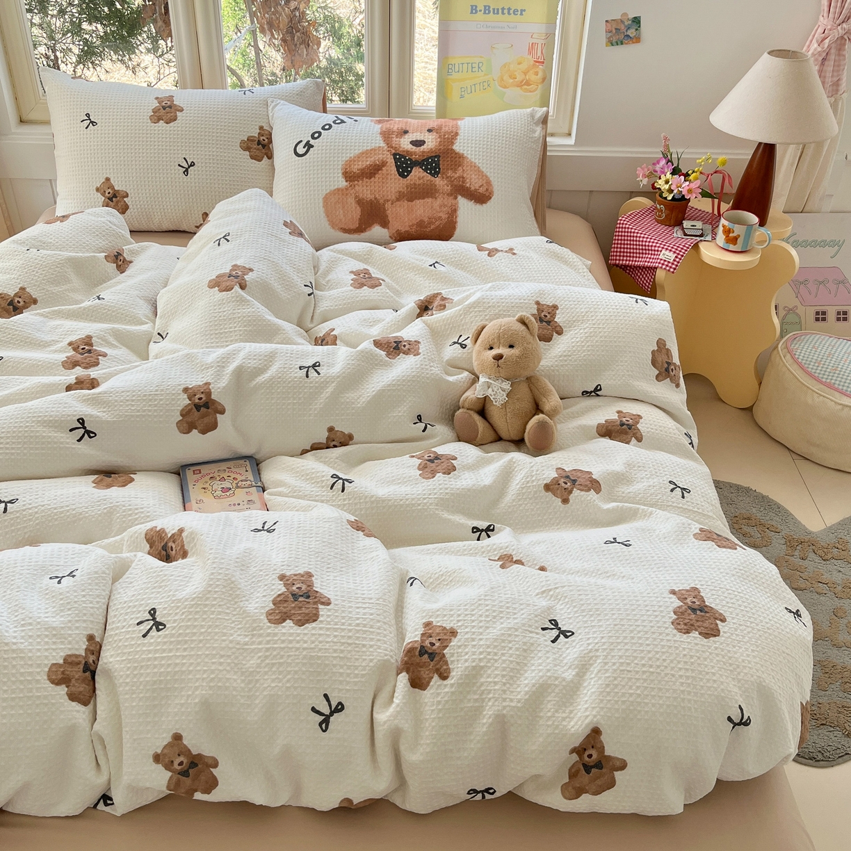 91家纺网 家纺一手货源 找家纺 如一 2026新款全棉纯棉华夫格大版数码印花四件套 泰迪熊