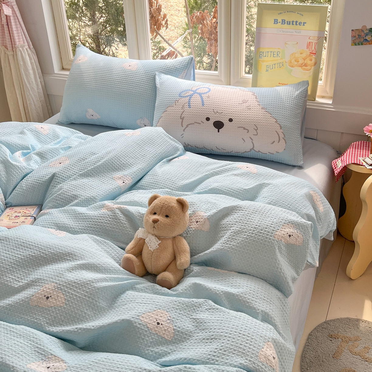 91家纺网 家纺一手货源 找家纺 如一 2026新款全棉纯棉华夫格大版数码印花四件套 帕恰狗