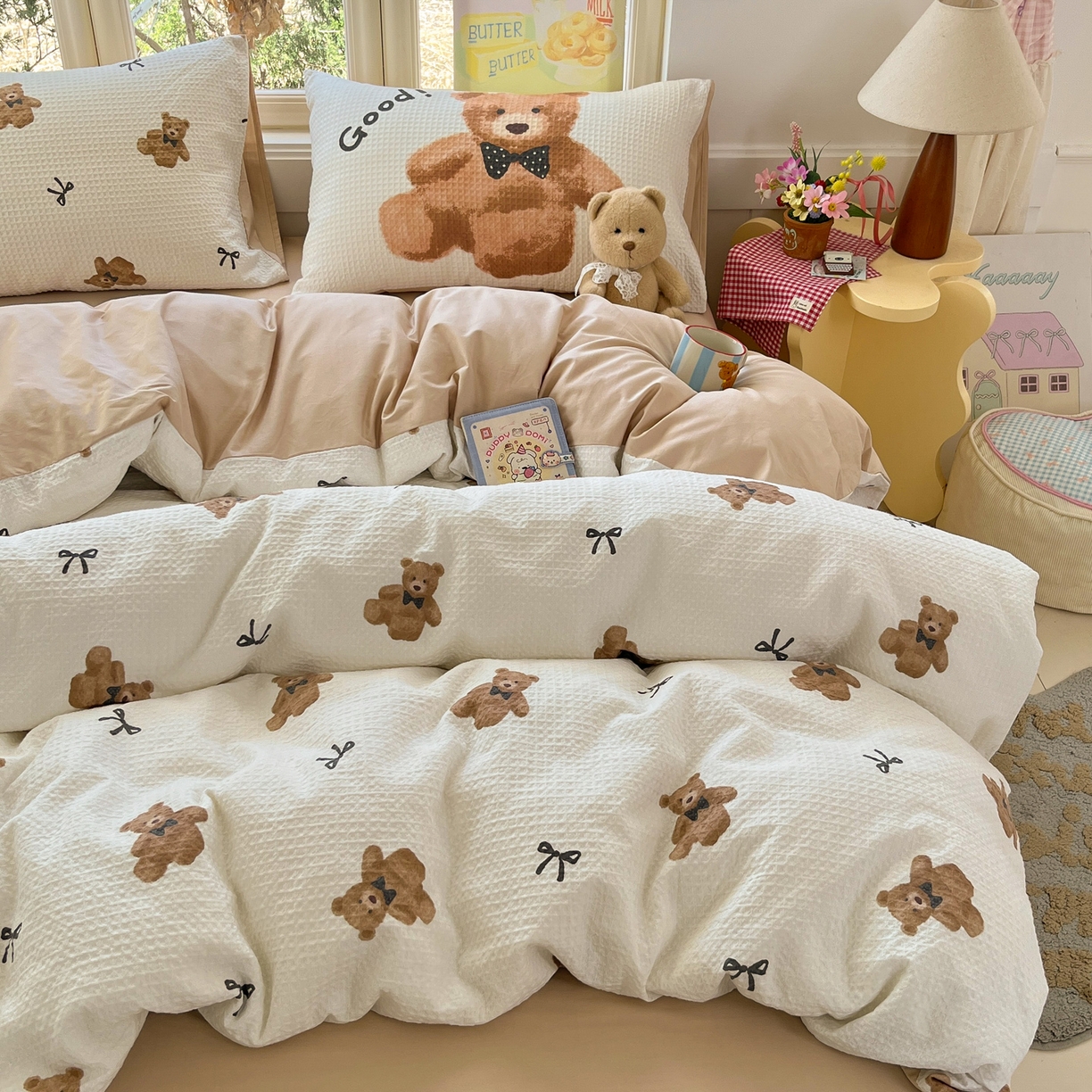 91家纺网 家纺一手货源 找家纺 如一 2026新款全棉纯棉华夫格大版数码印花四件套 泰迪熊