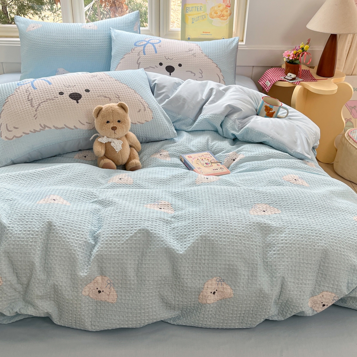 91家纺网 家纺一手货源 找家纺 如一 2026新款全棉纯棉华夫格大版数码印花四件套 帕恰狗