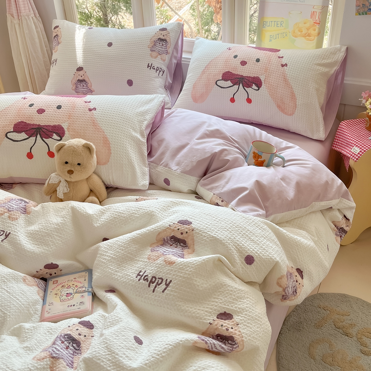 91家纺网 家纺一手货源 找家纺 如一 2026新款全棉纯棉华夫格大版数码印花四件套 长耳兔