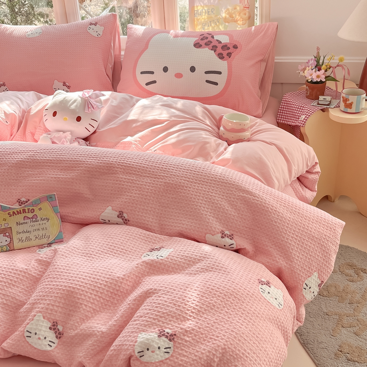 如一 2026新款全棉纯棉华夫格大版数码印花四件套 粉蒂猫