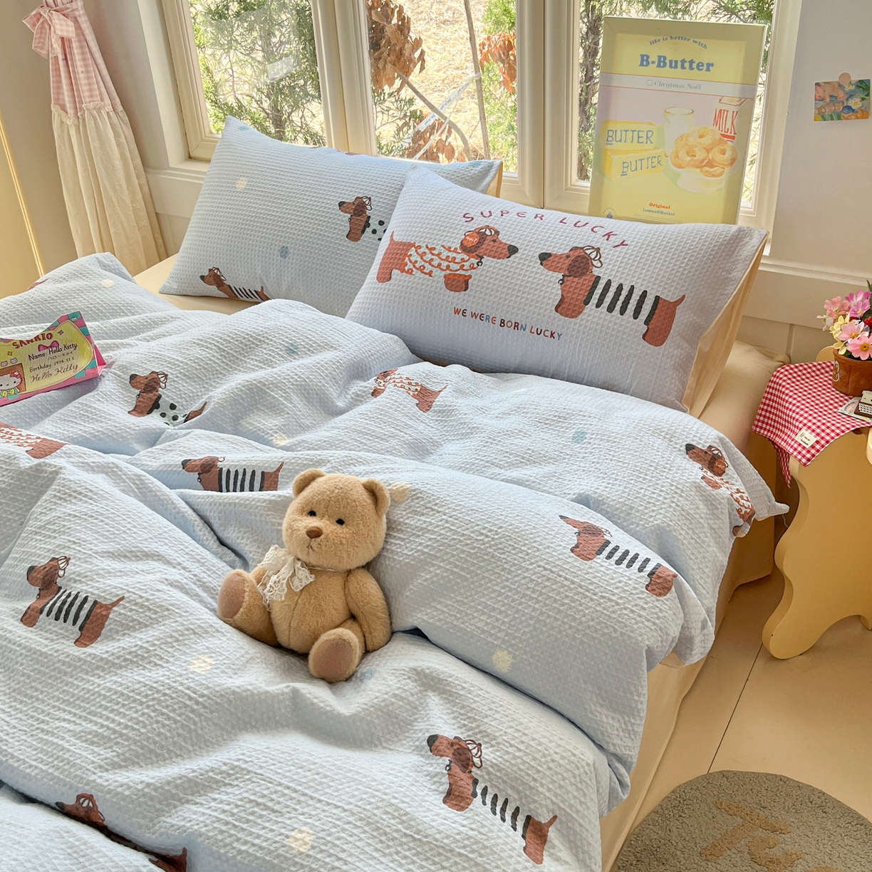 91家纺网 家纺一手货源 找家纺 如一 2026新款全棉纯棉华夫格大版数码印花四件套 音乐狗