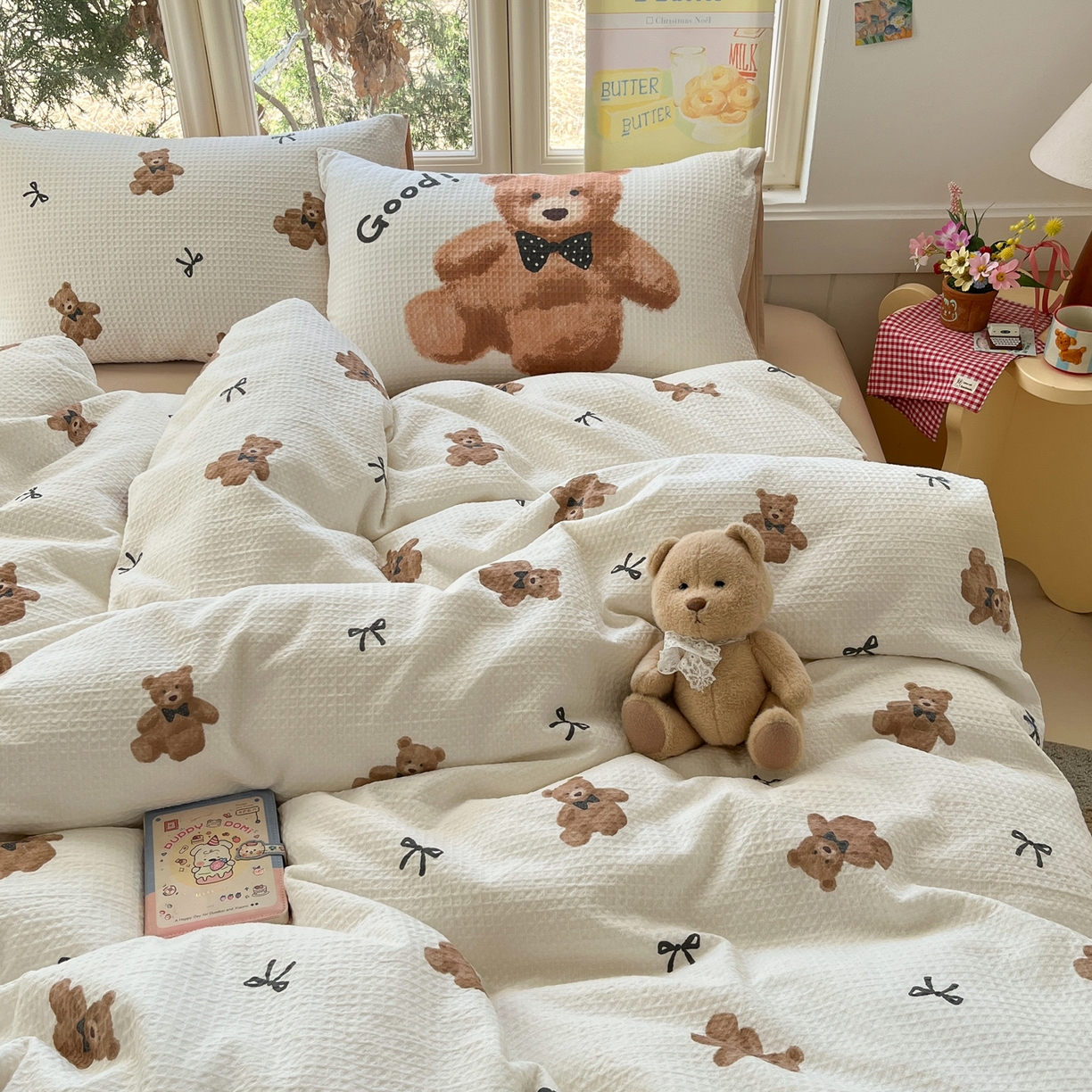 91家纺网 家纺一手货源 找家纺 如一 2026新款全棉纯棉华夫格大版数码印花四件套 泰迪熊