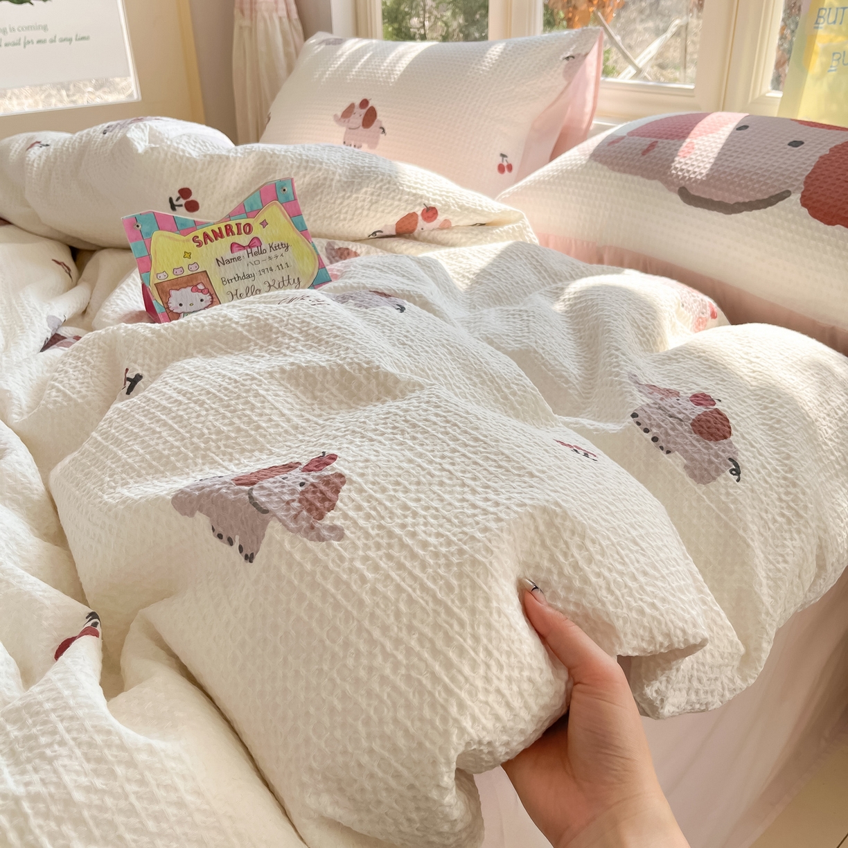 91家纺网 家纺一手货源 找家纺 如一 2026新款全棉纯棉华夫格大版数码印花四件套 苹果象