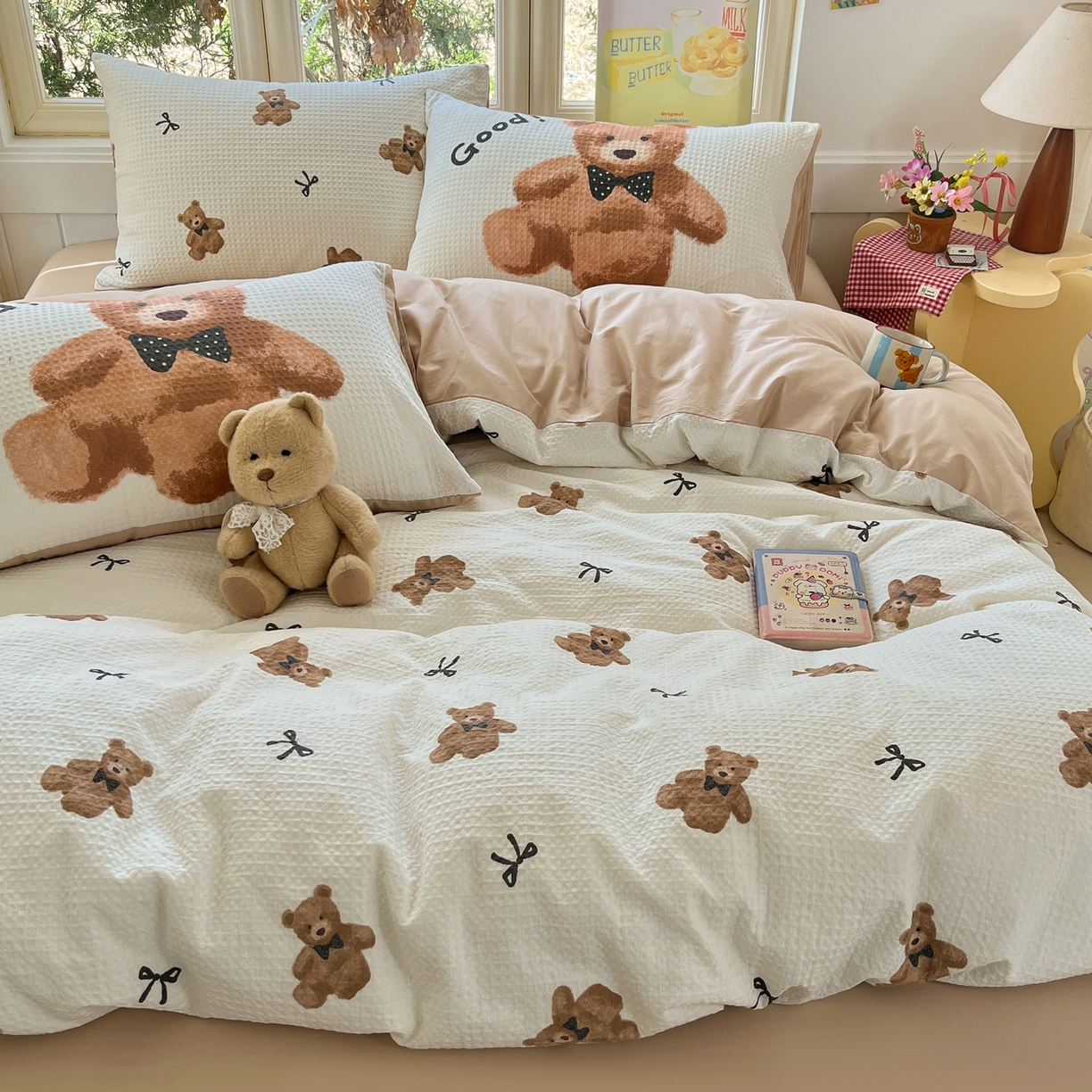 91家纺网 家纺一手货源 找家纺 如一 2026新款全棉纯棉华夫格大版数码印花四件套 泰迪熊