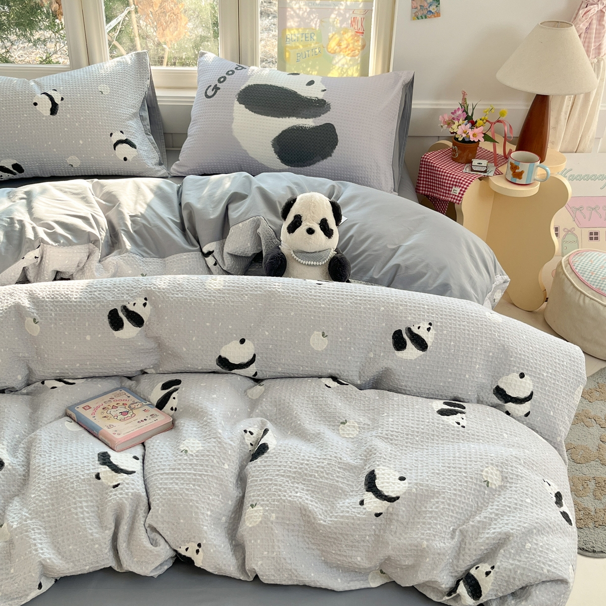 91家纺网 家纺一手货源 找家纺 如一 2026新款全棉纯棉华夫格大版数码印花四件套 熊猫灰