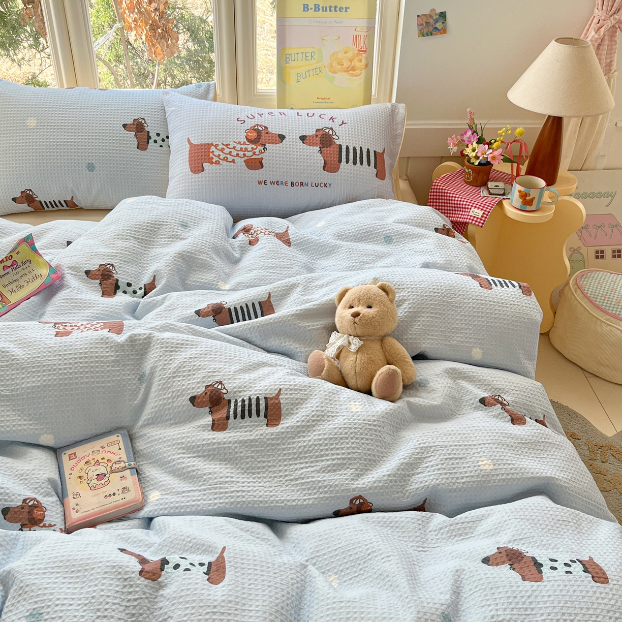 91家纺网 家纺一手货源 找家纺 如一 2026新款全棉纯棉华夫格大版数码印花四件套 音乐狗