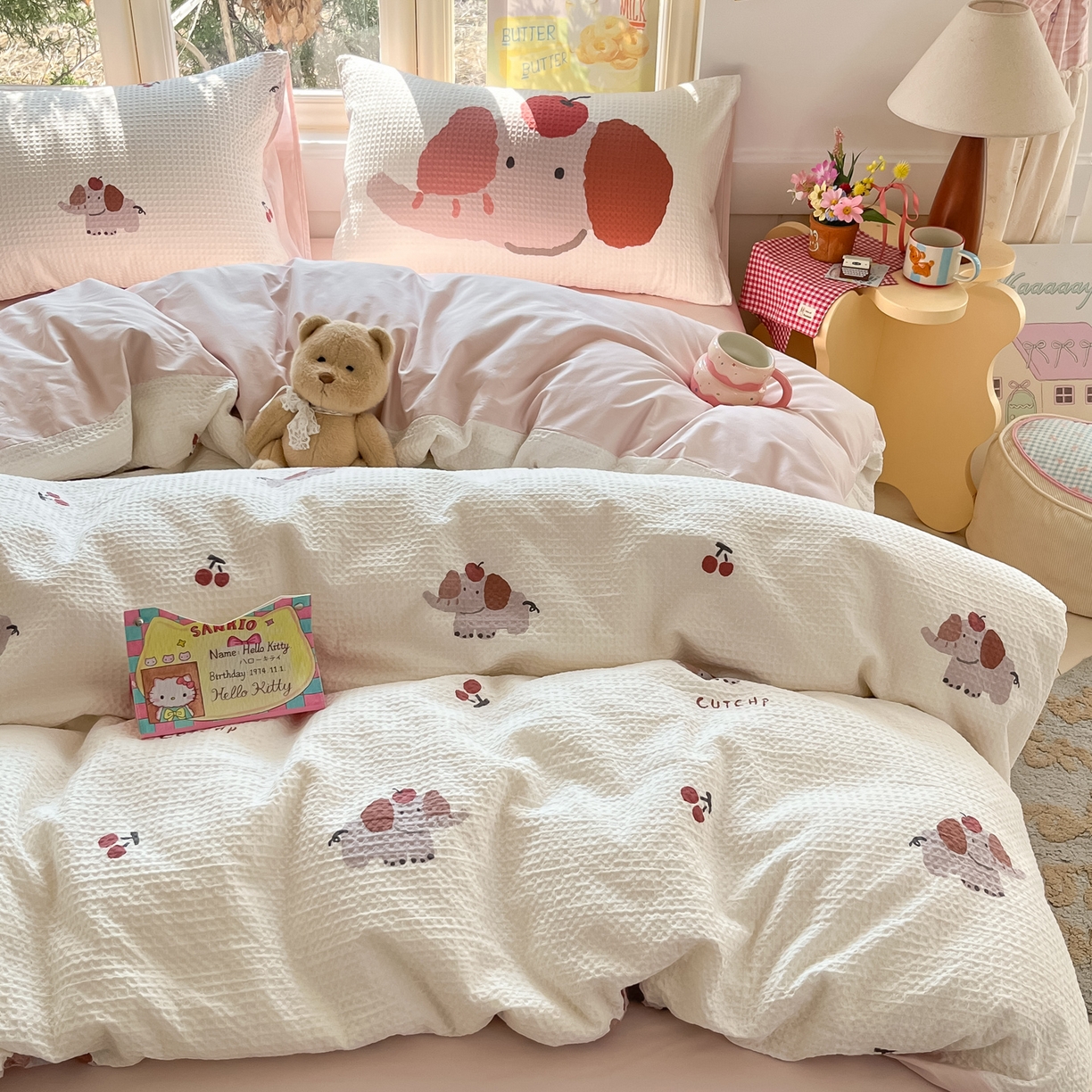 91家纺网 家纺一手货源 找家纺 如一 2026新款全棉纯棉华夫格大版数码印花四件套 苹果象