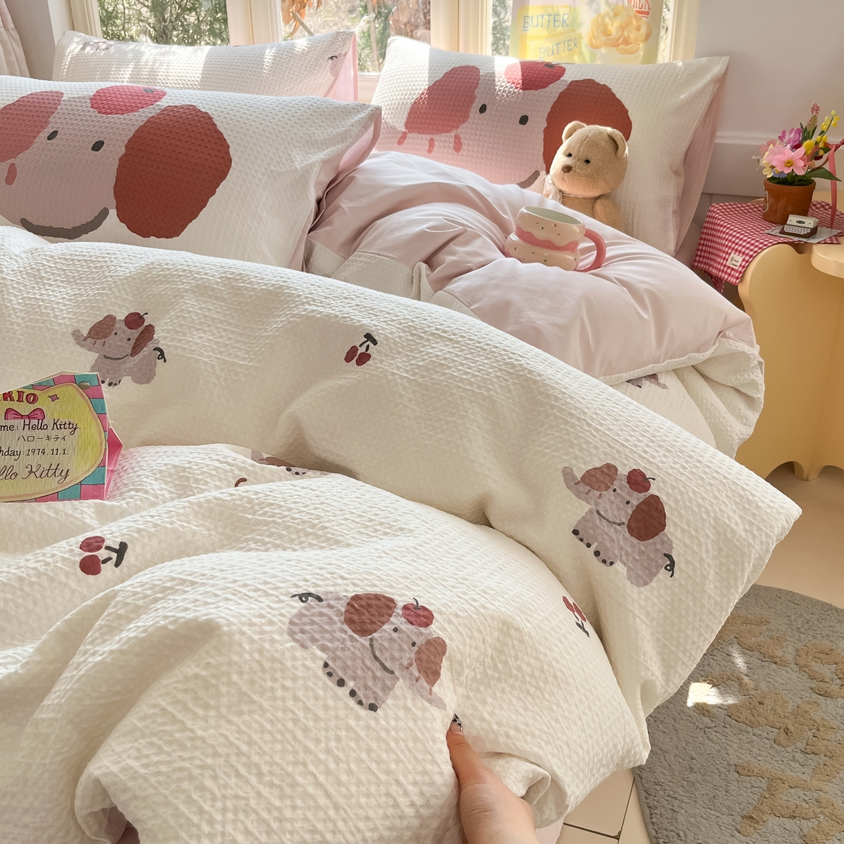 91家纺网 家纺一手货源 找家纺 如一 2026新款全棉纯棉华夫格大版数码印花四件套 苹果象