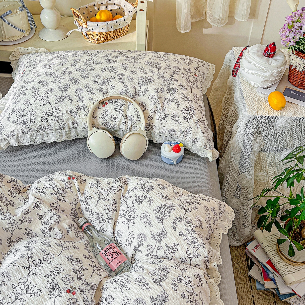 91家纺网 家纺一手货源 找家纺 一比一家纺 2026新款泡芙纱花边四件套 花影