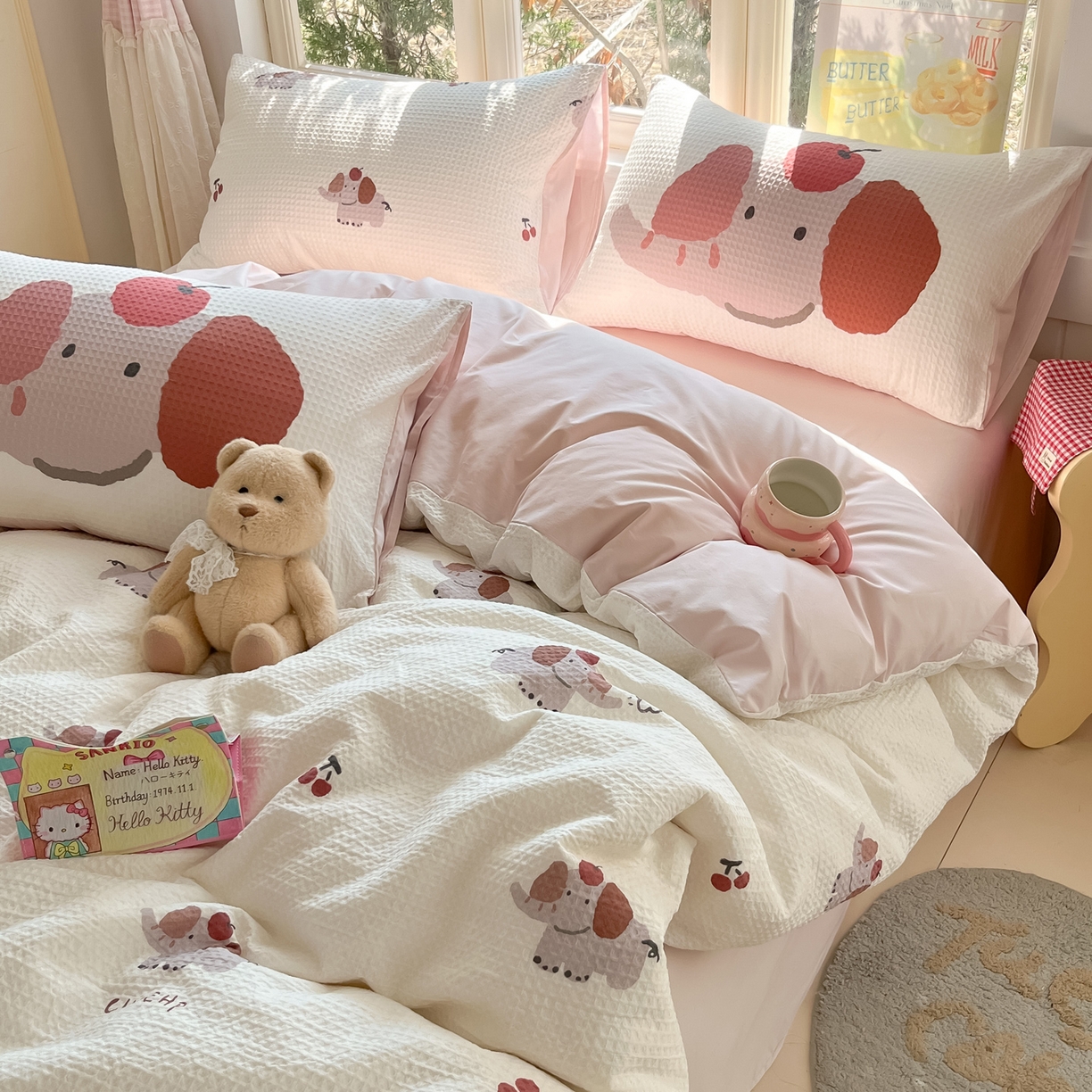 91家纺网 家纺一手货源 找家纺 如一 2026新款全棉纯棉华夫格大版数码印花四件套 苹果象