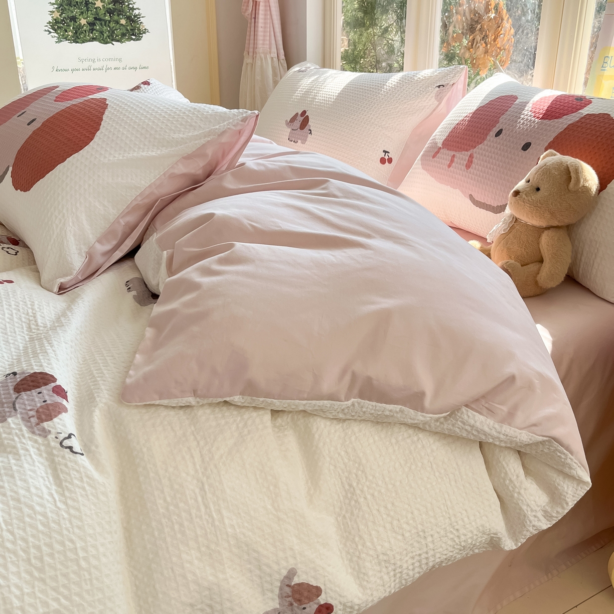 91家纺网 家纺一手货源 找家纺 如一 2026新款全棉纯棉华夫格大版数码印花四件套 苹果象