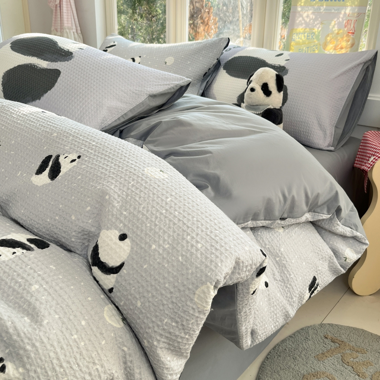 91家纺网 家纺一手货源 找家纺 如一 2026新款全棉纯棉华夫格大版数码印花四件套 熊猫灰