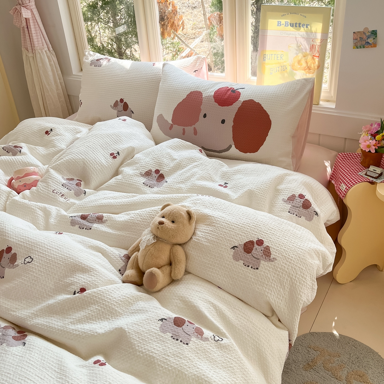 91家纺网 家纺一手货源 找家纺 如一 2026新款全棉纯棉华夫格大版数码印花四件套 苹果象