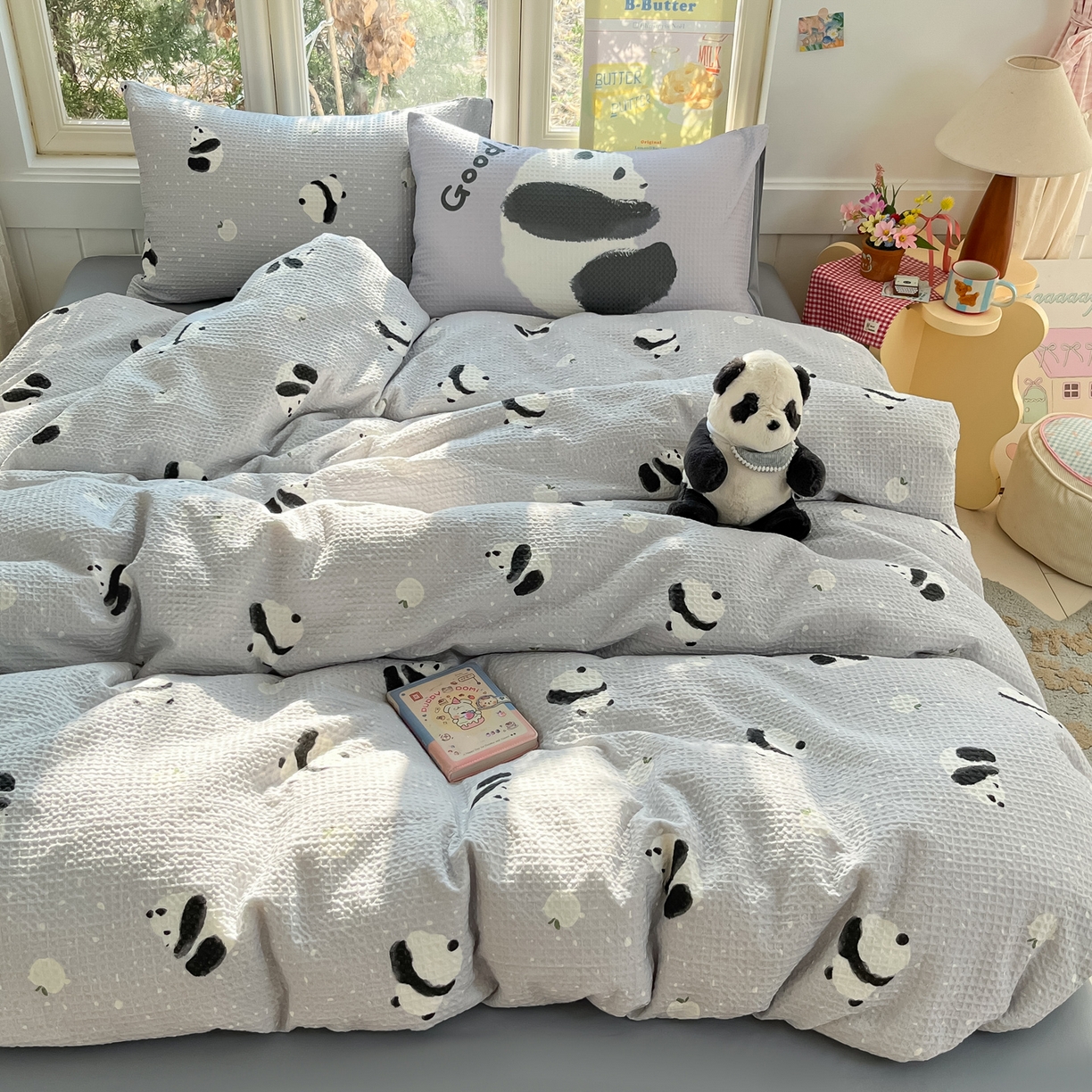 91家纺网 家纺一手货源 找家纺 如一 2026新款全棉纯棉华夫格大版数码印花四件套 熊猫灰