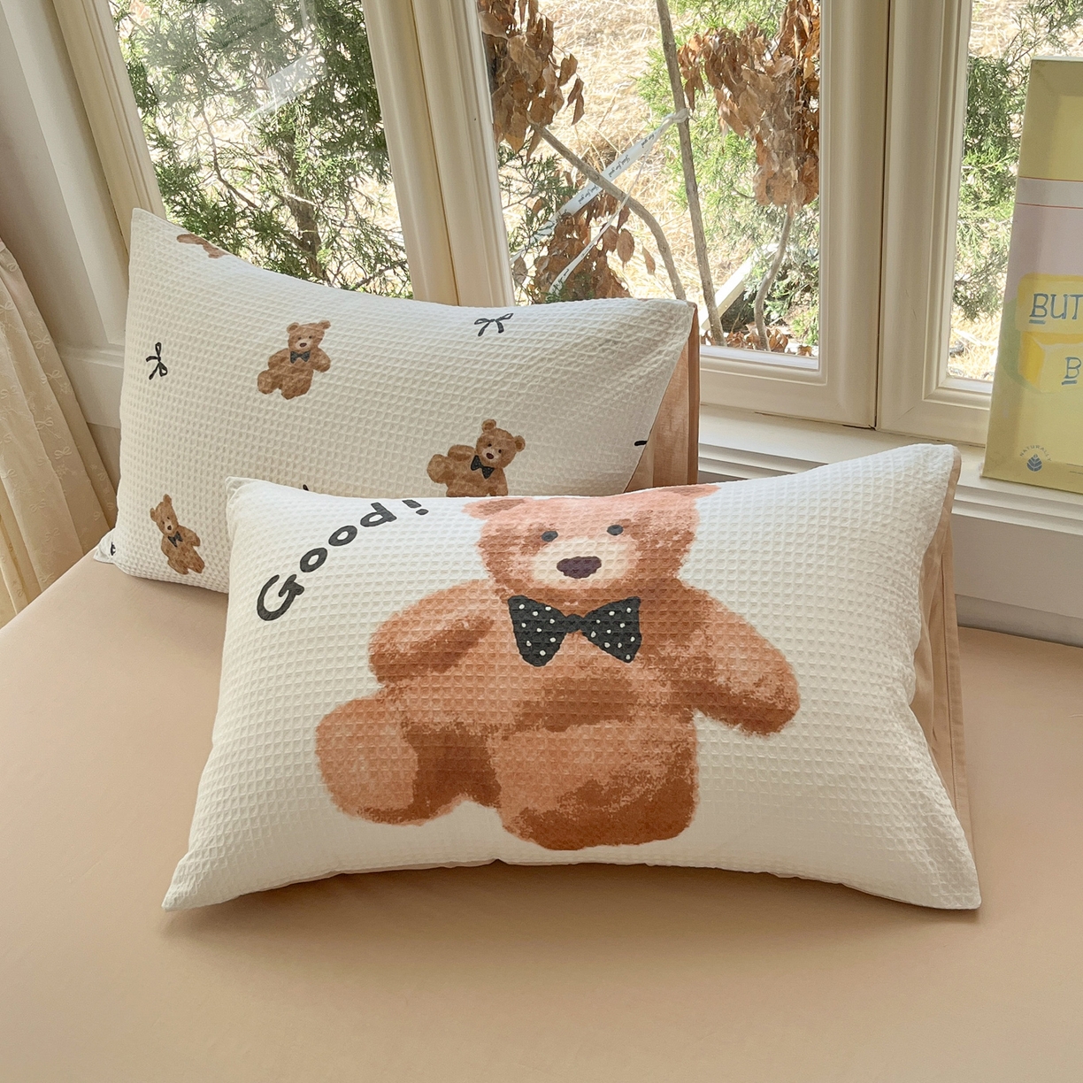 91家纺网 家纺一手货源 找家纺 如一 2026新款全棉纯棉华夫格大版数码印花四件套 泰迪熊