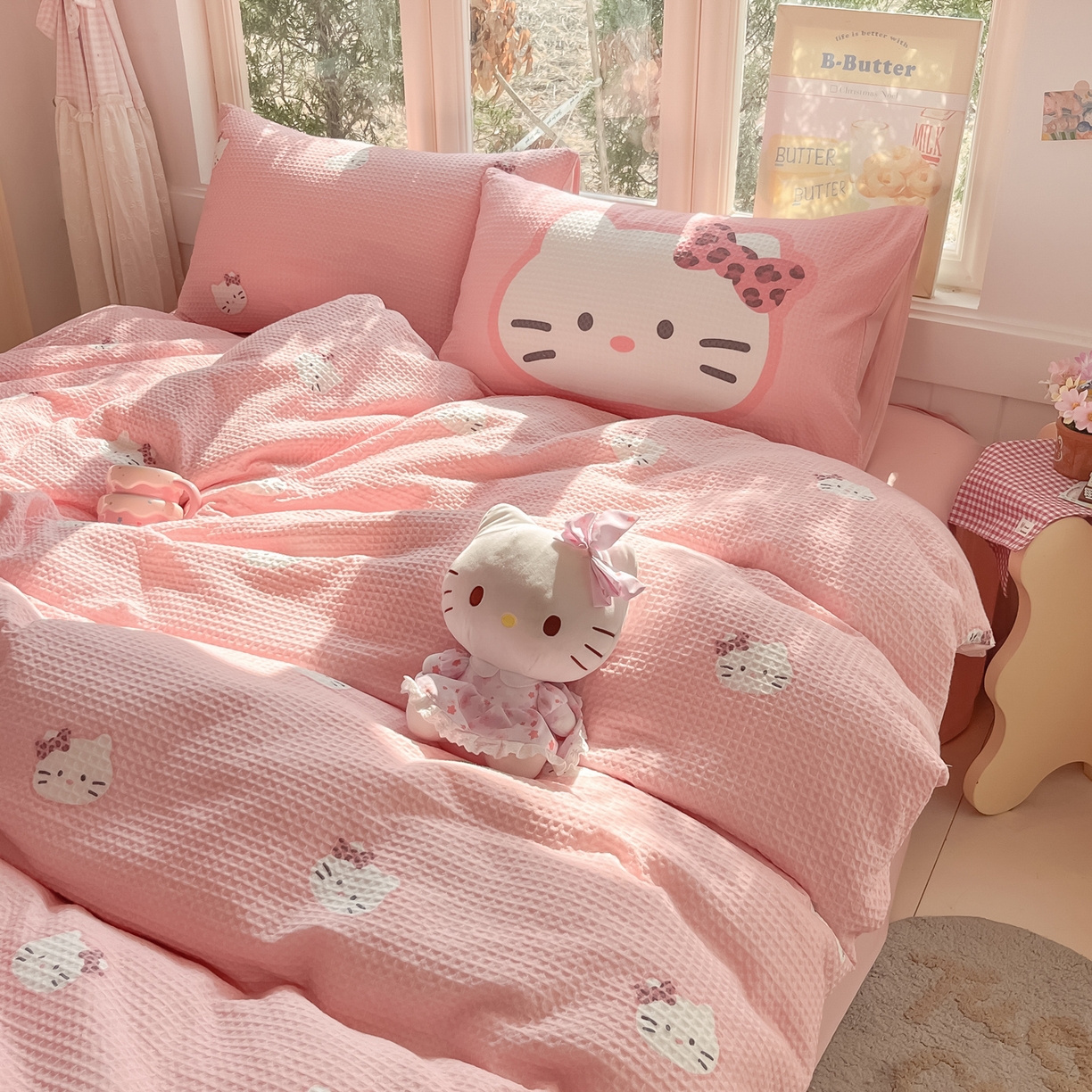 91家纺网 家纺一手货源 找家纺 如一 2026新款全棉纯棉华夫格大版数码印花四件套 粉蒂猫