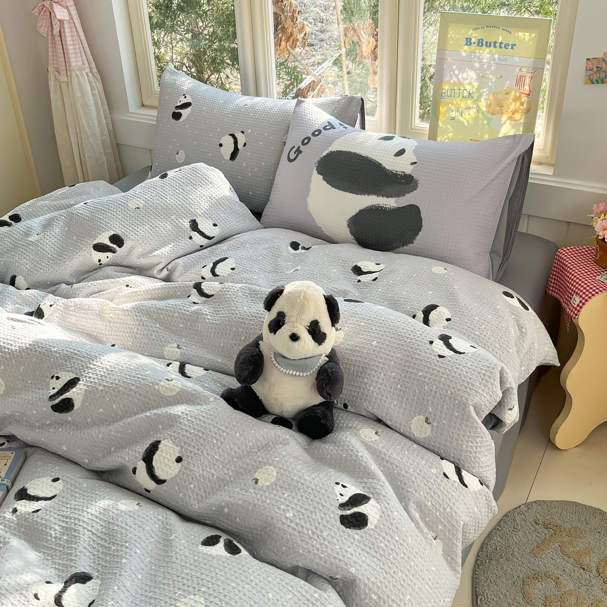 91家纺网 家纺一手货源 找家纺 如一 2026新款全棉纯棉华夫格大版数码印花四件套 熊猫灰