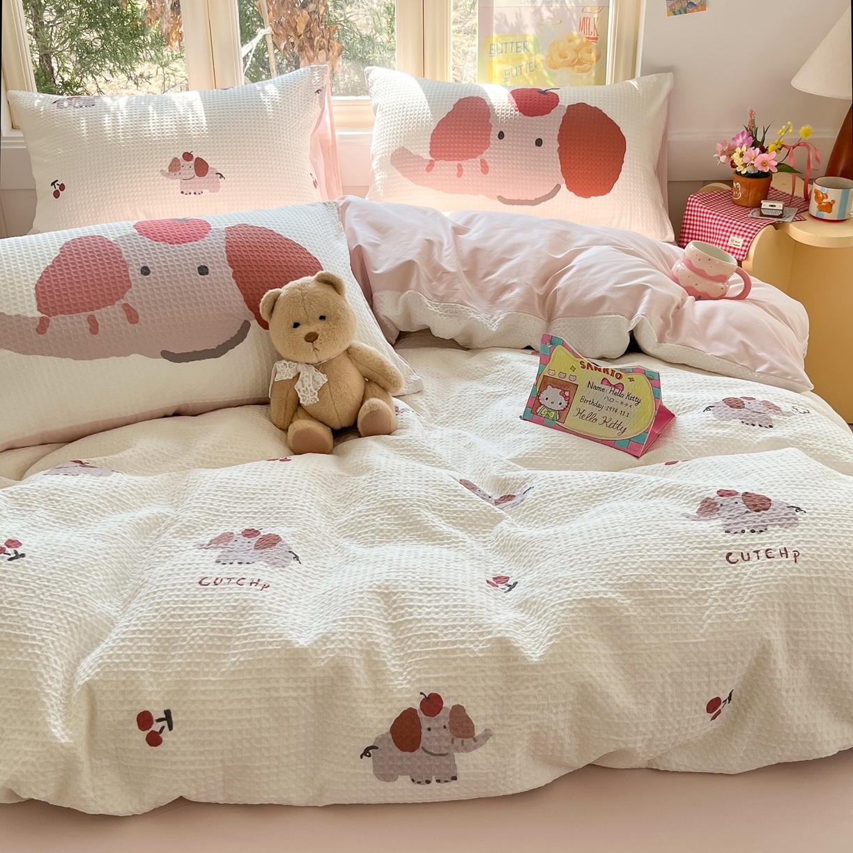 91家纺网 家纺一手货源 找家纺 如一 2026新款全棉纯棉华夫格大版数码印花四件套 苹果象