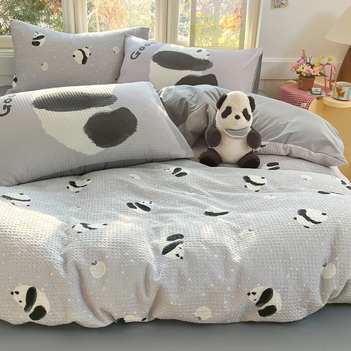 91家纺网 家纺一手货源 找家纺 如一 2026新款全棉纯棉华夫格大版数码印花四件套 熊猫灰