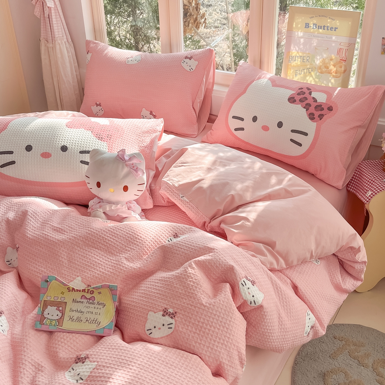 91家纺网 家纺一手货源 找家纺 如一 2026新款全棉纯棉华夫格大版数码印花四件套 粉蒂猫