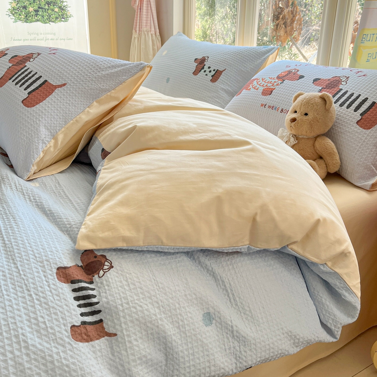 91家纺网 家纺一手货源 找家纺 如一 2026新款全棉纯棉华夫格大版数码印花四件套 音乐狗