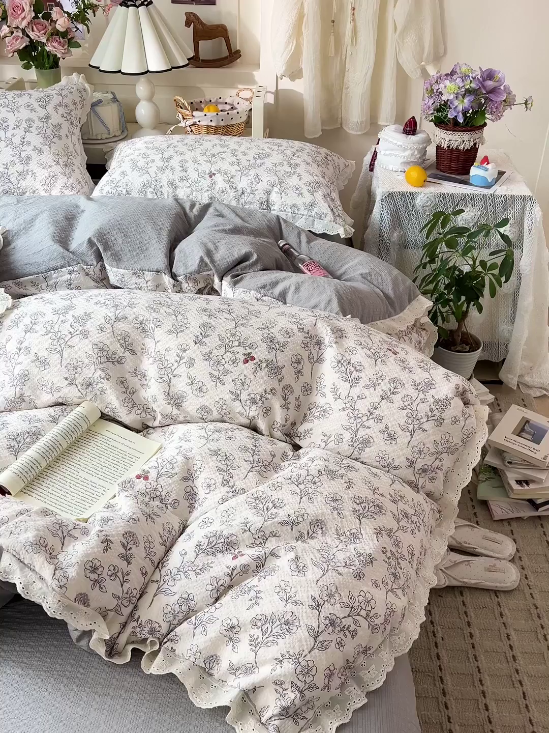 91家纺网 家纺一手货源 找家纺 一比一家纺 2026新款泡芙纱花边四件套 花影