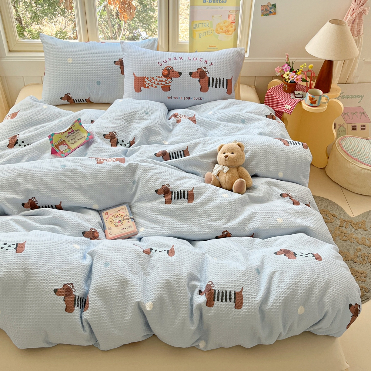 91家纺网 家纺一手货源 找家纺 如一 2026新款全棉纯棉华夫格大版数码印花四件套 音乐狗