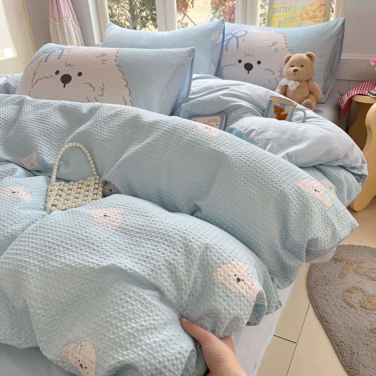 91家纺网 家纺一手货源 找家纺 如一 2026新款全棉纯棉华夫格大版数码印花四件套 帕恰狗