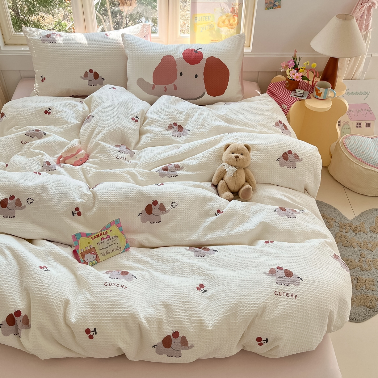 91家纺网 家纺一手货源 找家纺 如一 2026新款全棉纯棉华夫格大版数码印花四件套 苹果象