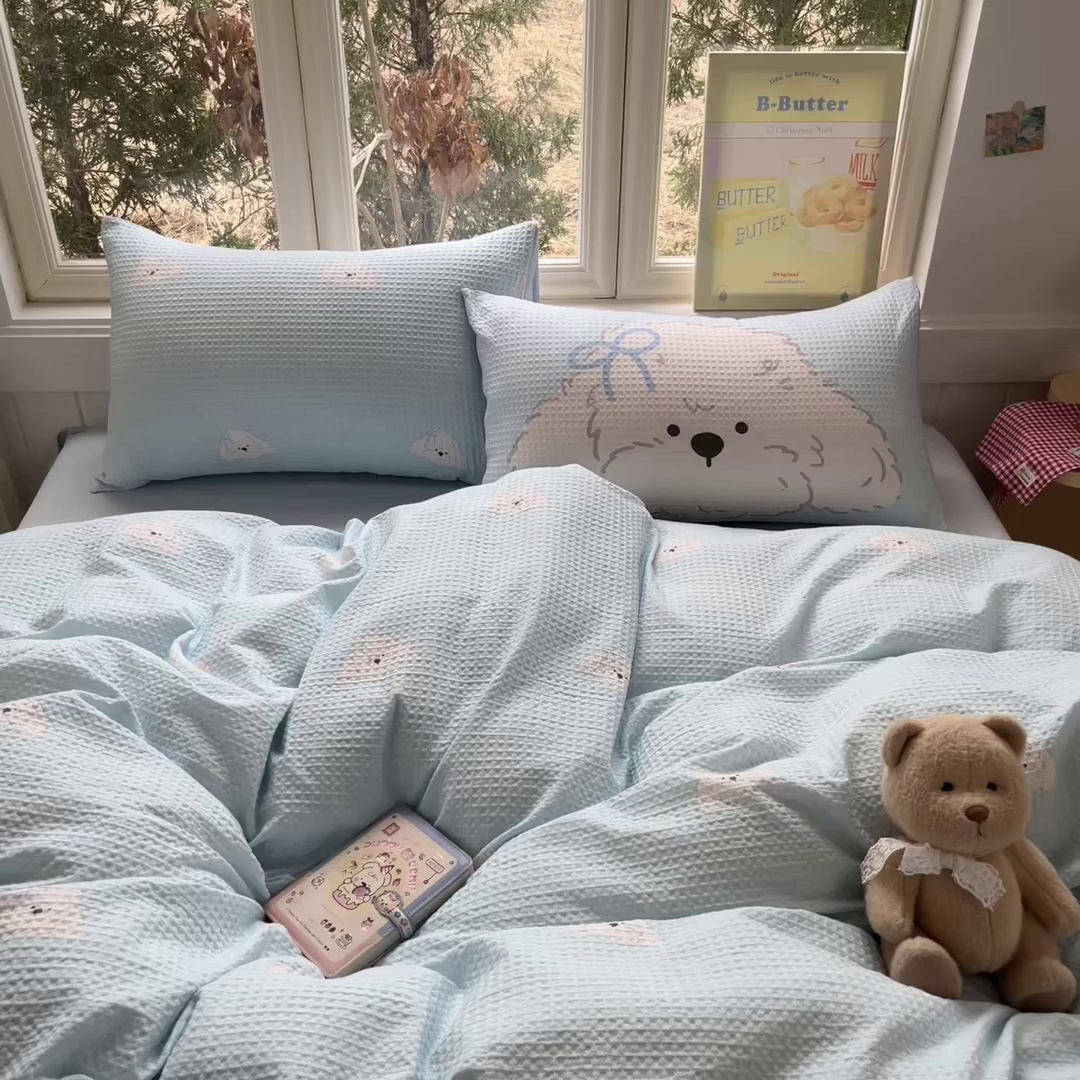 91家纺网 家纺一手货源 找家纺 如一 2026新款全棉纯棉华夫格大版数码印花四件套 帕恰狗