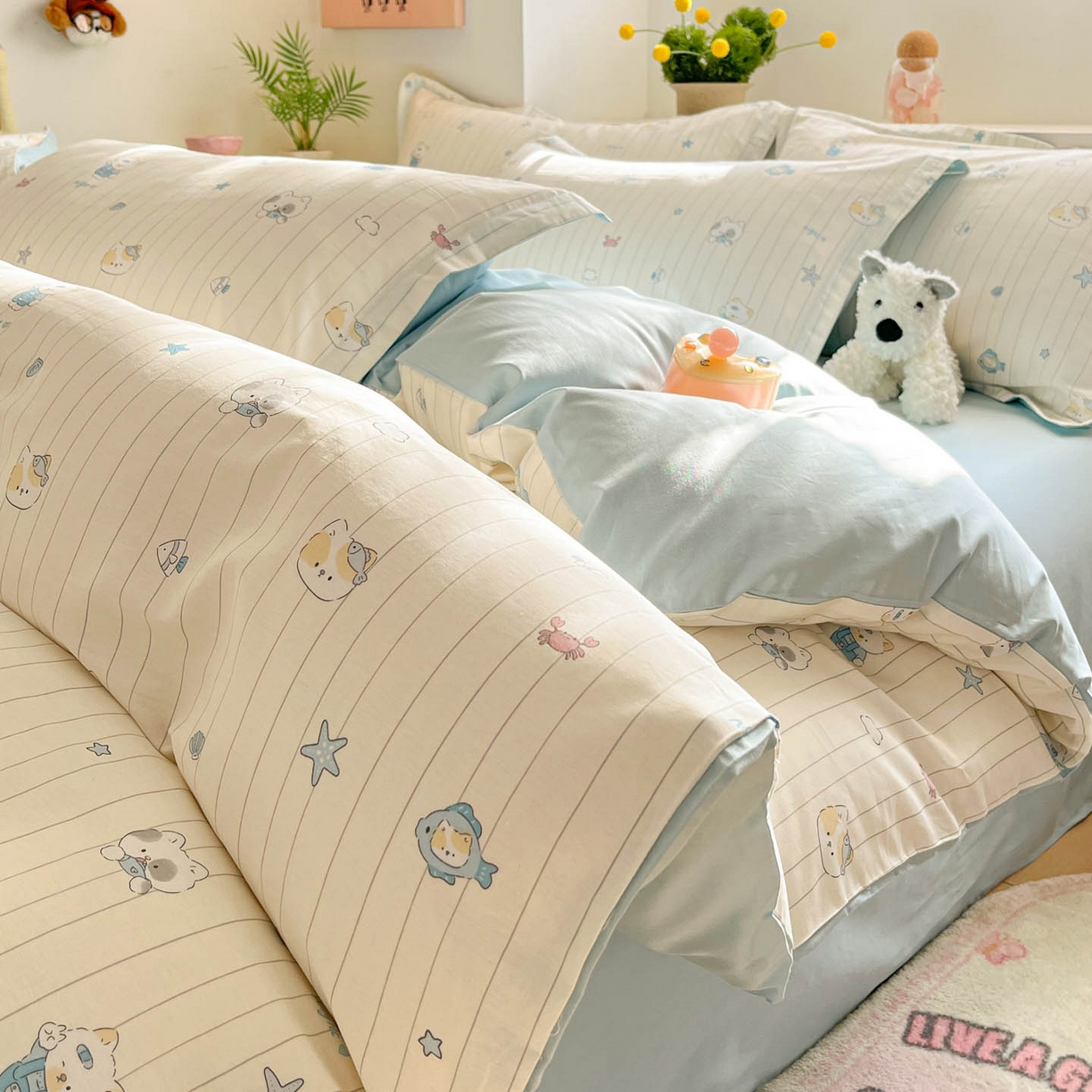 涵宸家纺 2026新款全棉印花小清新四件套 小猫钓鱼