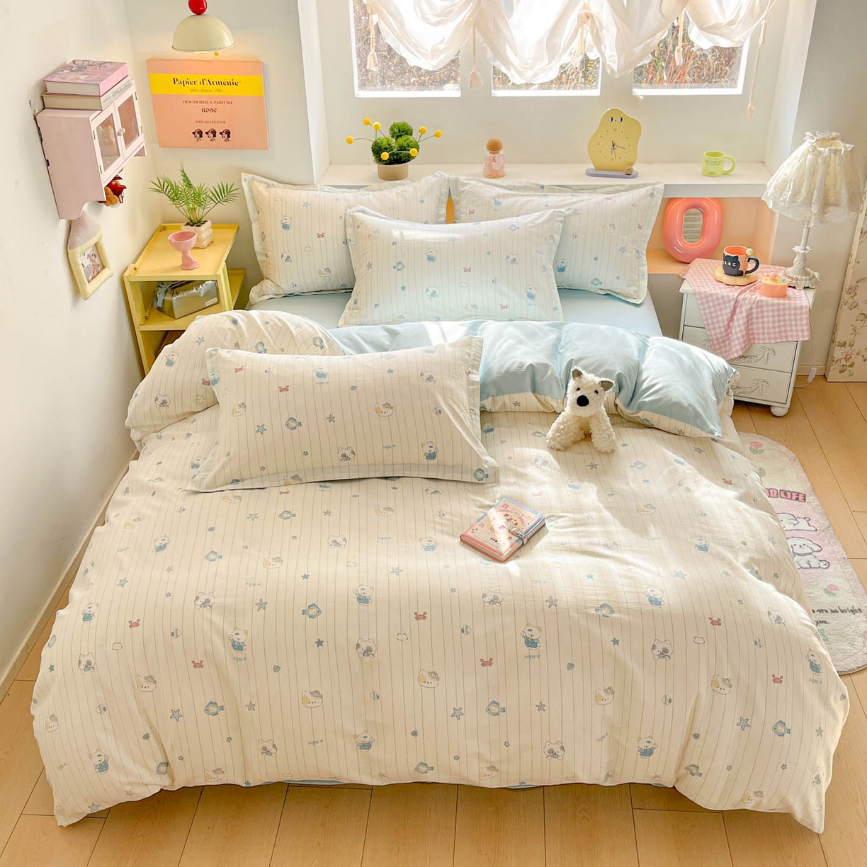 91家纺网 家纺一手货源 找家纺 涵宸家纺 2026新款全棉印花小清新四件套 小猫钓鱼