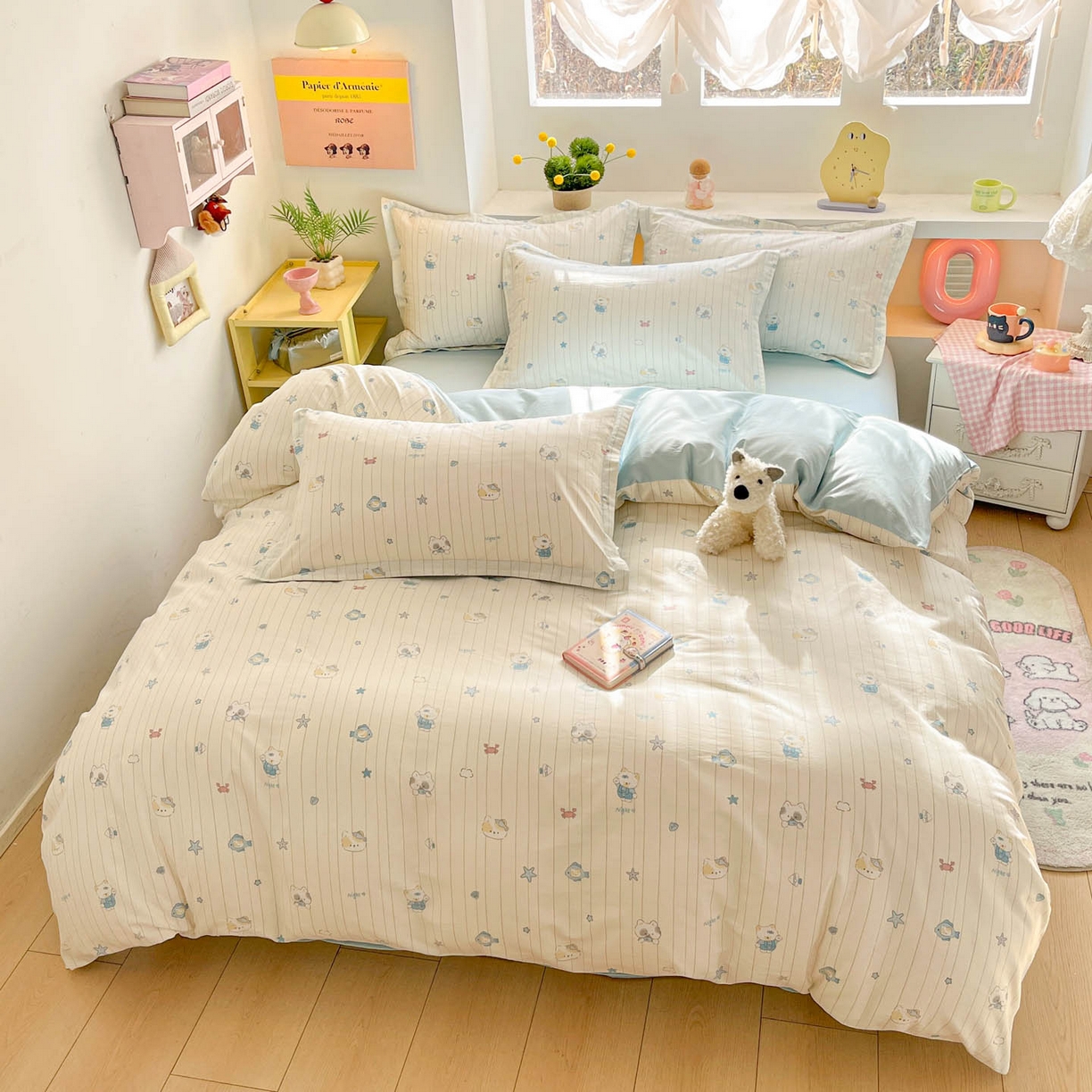 91家纺网 家纺一手货源 找家纺 涵宸家纺 2026新款全棉印花小清新四件套 小猫钓鱼