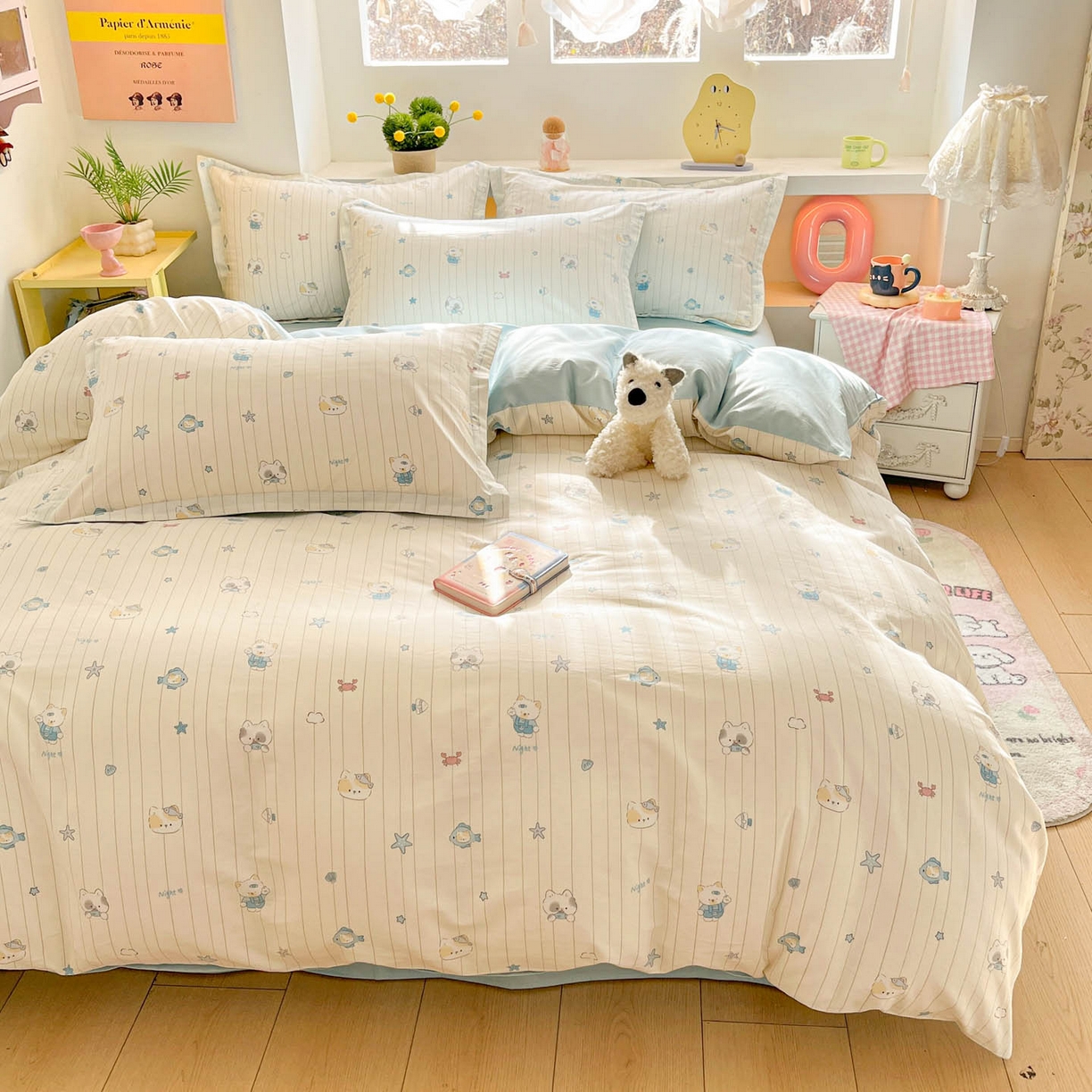 91家纺网 家纺一手货源 找家纺 涵宸家纺 2026新款全棉印花小清新四件套 小猫钓鱼