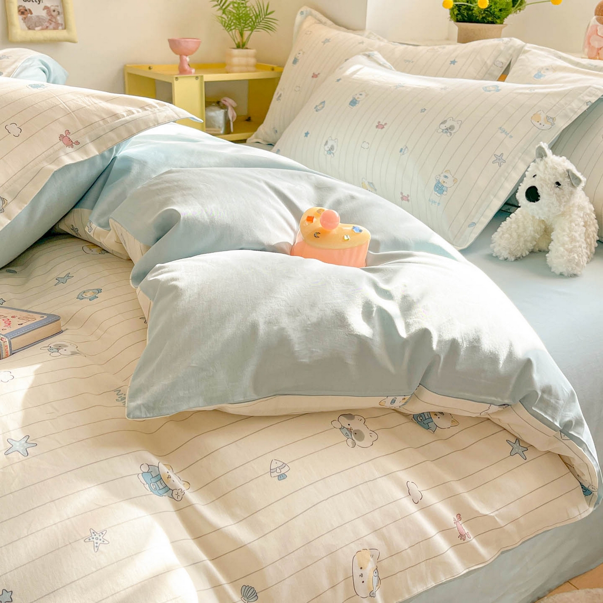 91家纺网 家纺一手货源 找家纺 涵宸家纺 2026新款全棉印花小清新四件套 小猫钓鱼