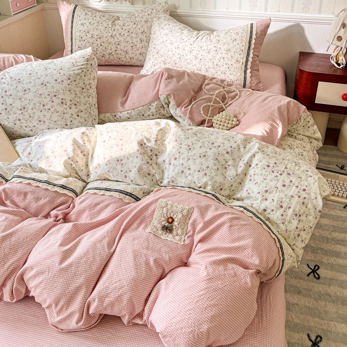 91家纺网 家纺一手货源 找家纺 韩秀家纺 2026新款A类仿棉四件套超柔古法棉水洗棉法式花边床笠四件套 烟雨嫩粉玉（提供买家秀）