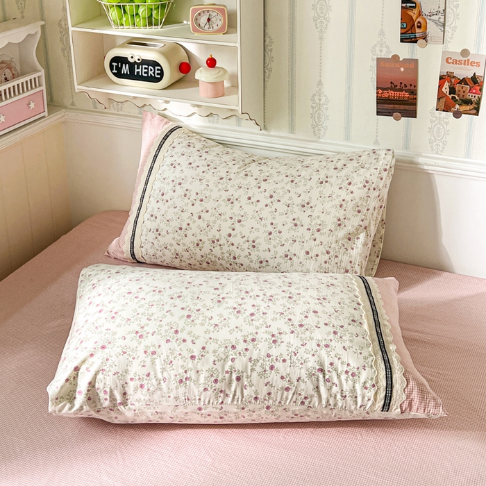 91家纺网 家纺一手货源 找家纺 韩秀家纺 2026新款A类仿棉四件套超柔古法棉水洗棉法式花边床笠四件套 烟雨嫩粉玉（提供买家秀）