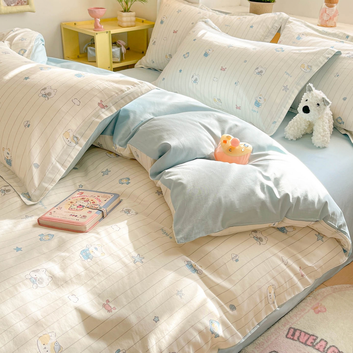 91家纺网 家纺一手货源 找家纺 涵宸家纺 2026新款全棉印花小清新四件套 小猫钓鱼