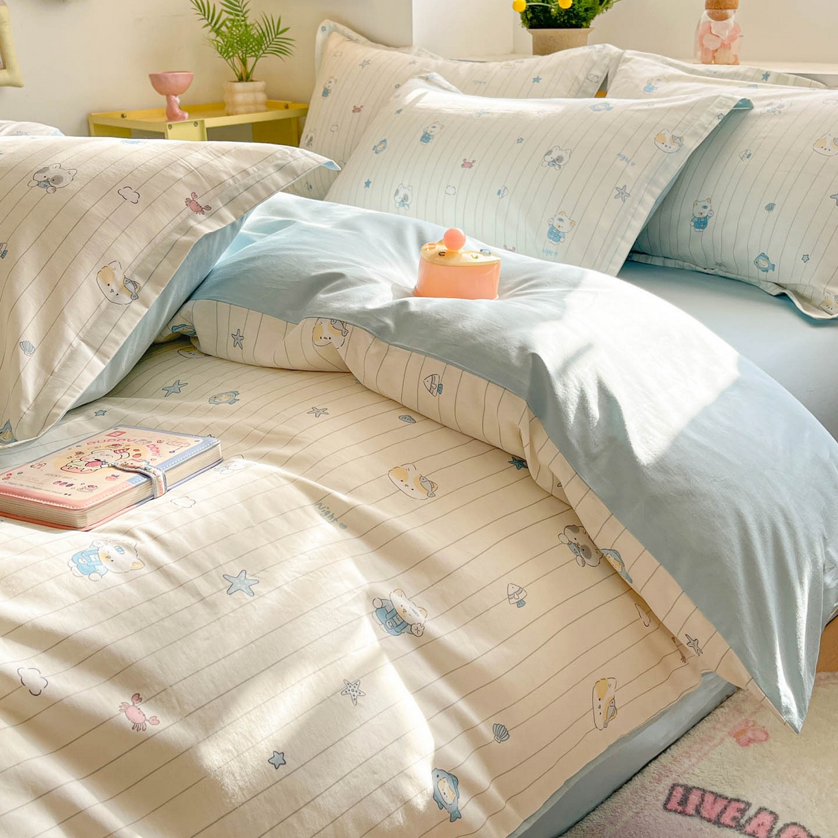 91家纺网 家纺一手货源 找家纺 涵宸家纺 2026新款全棉印花小清新四件套 小猫钓鱼