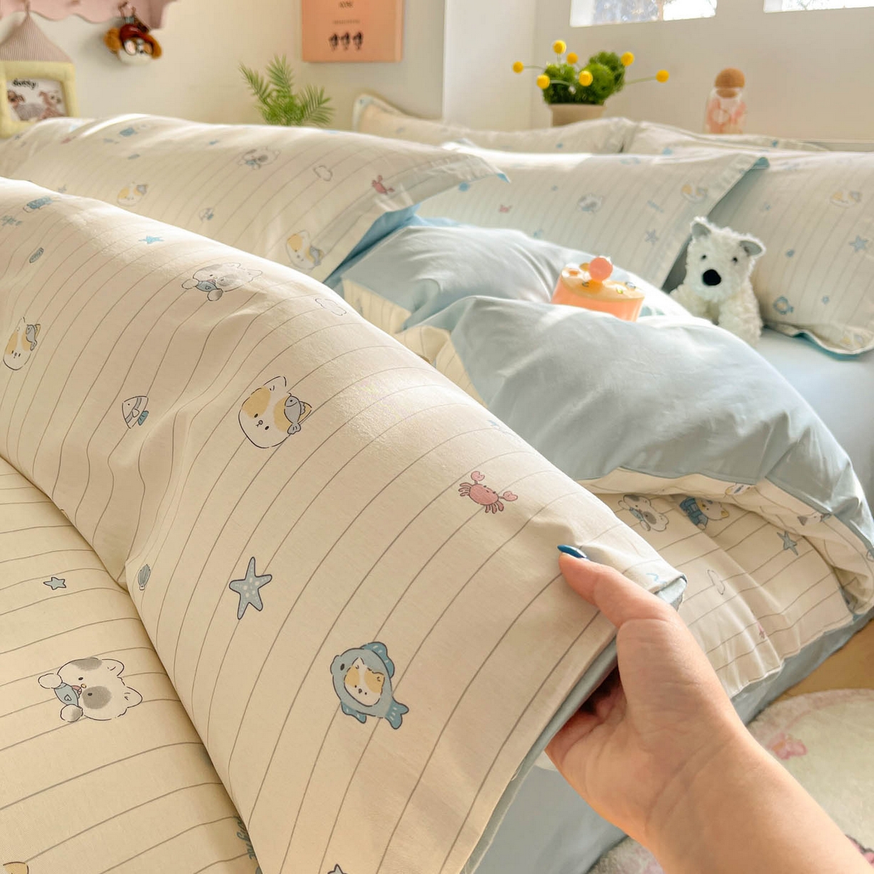 91家纺网 家纺一手货源 找家纺 涵宸家纺 2026新款全棉印花小清新四件套 小猫钓鱼