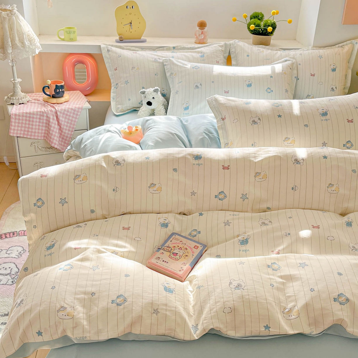 91家纺网 家纺一手货源 找家纺 涵宸家纺 2026新款全棉印花小清新四件套 小猫钓鱼