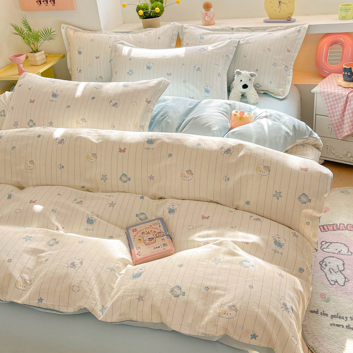 91家纺网 家纺一手货源 找家纺 涵宸家纺 2026新款全棉印花小清新四件套 小猫钓鱼