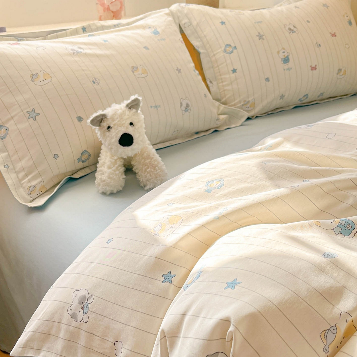 91家纺网 家纺一手货源 找家纺 涵宸家纺 2026新款全棉印花小清新四件套 小猫钓鱼