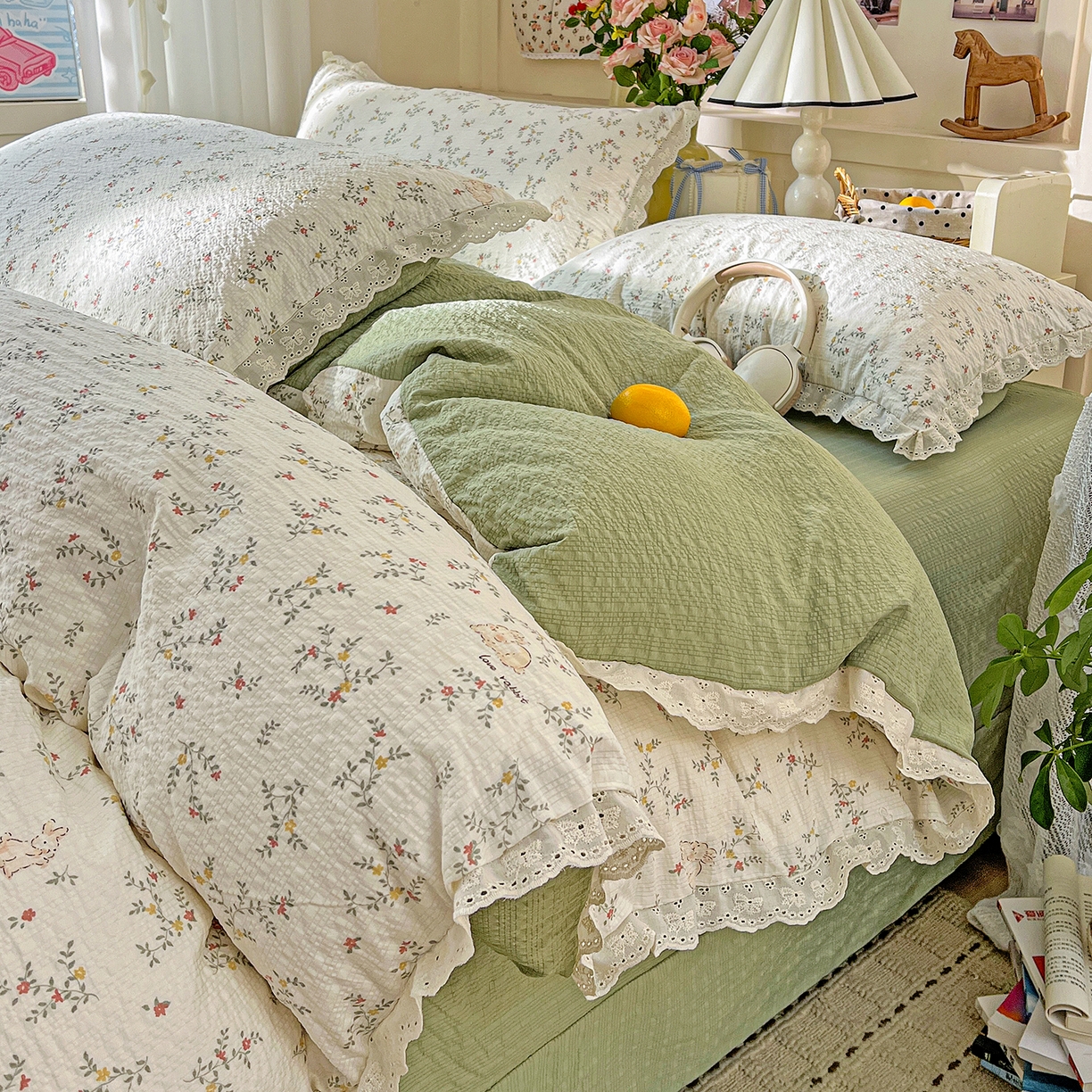 一比一家纺 2026新款泡芙纱花边四件套 花与兔