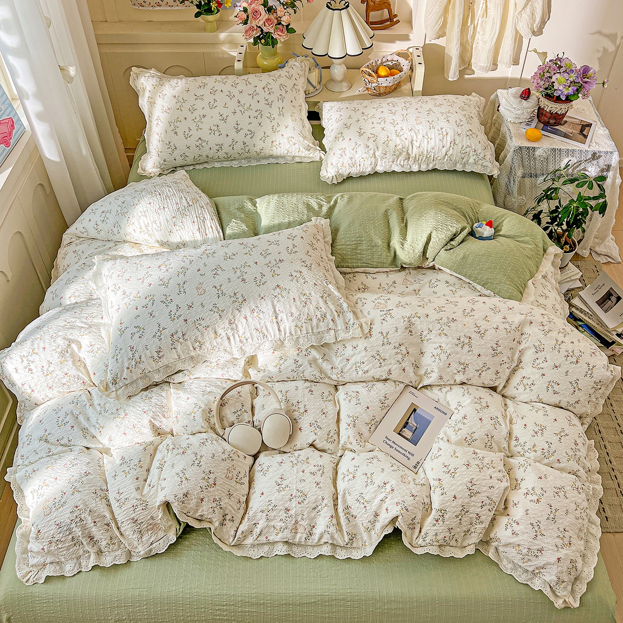 91家纺网 家纺一手货源 找家纺 一比一家纺 2026新款泡芙纱花边四件套 花与兔