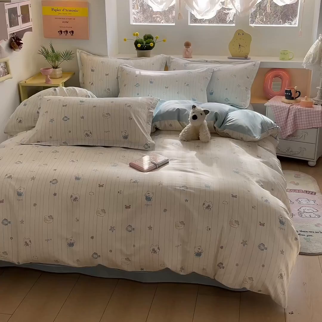 91家纺网 家纺一手货源 找家纺 涵宸家纺 2026新款全棉印花小清新四件套 小猫钓鱼