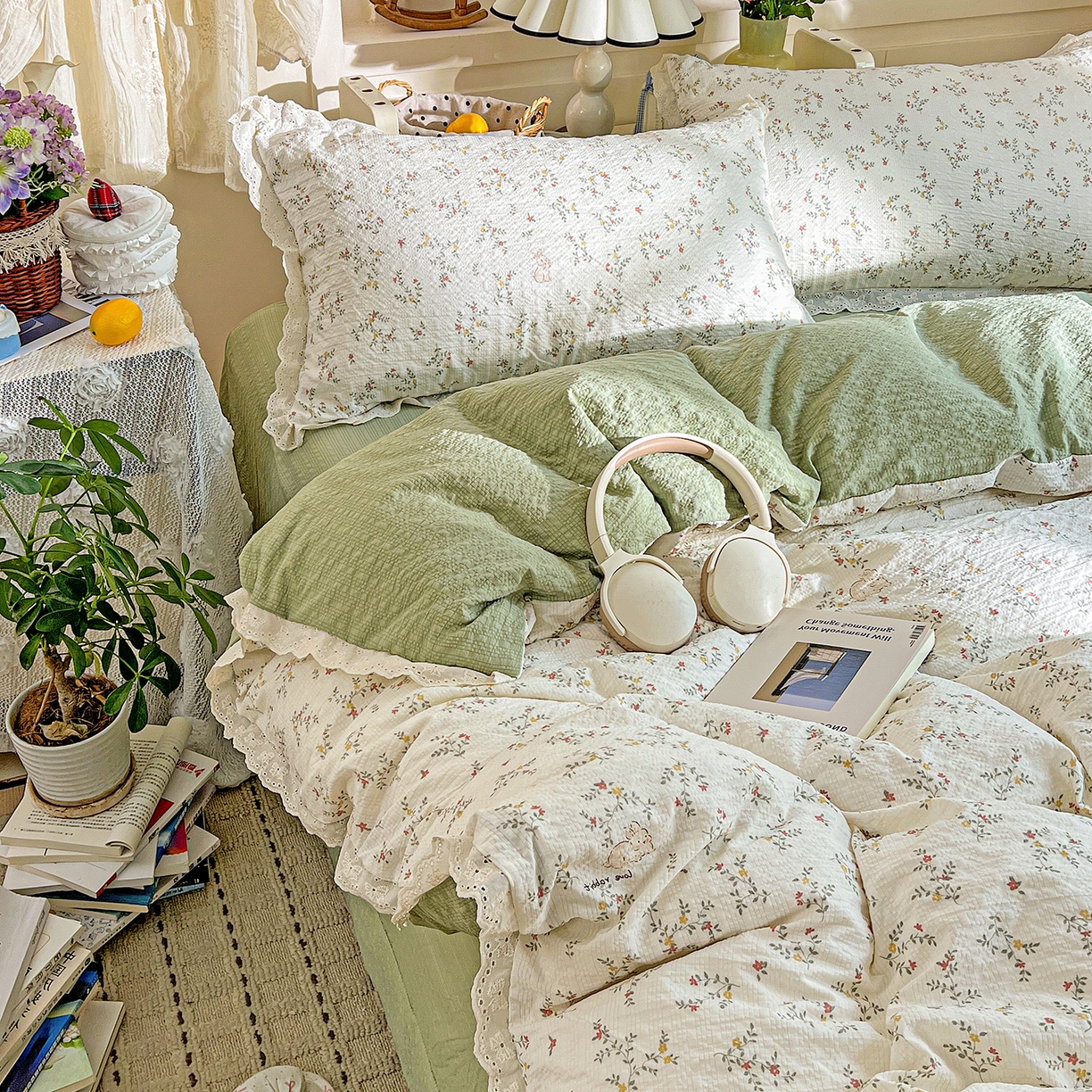 91家纺网 家纺一手货源 找家纺 一比一家纺 2026新款泡芙纱花边四件套 花与兔